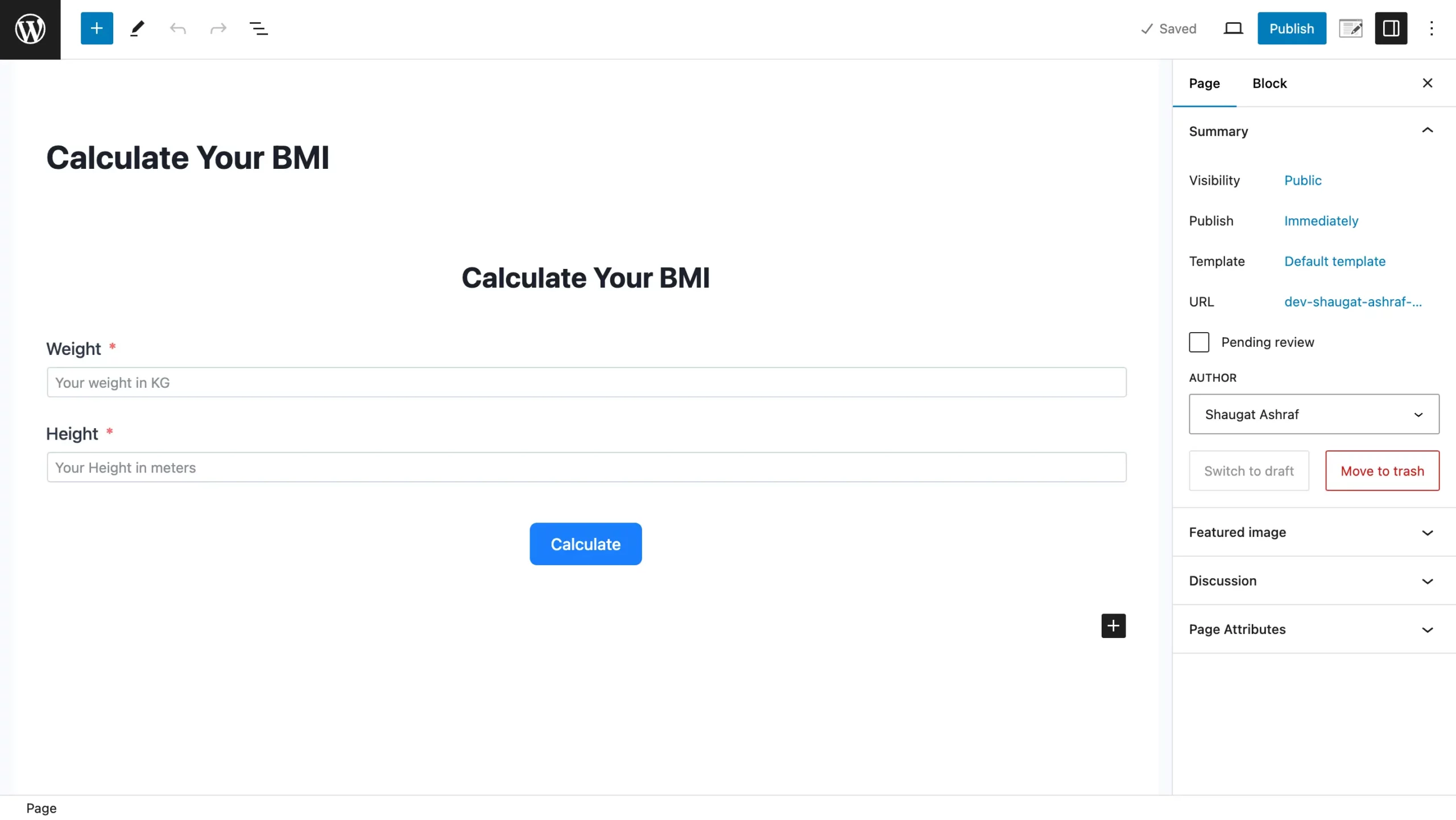Displaying WordPress BMI calculator in Gutenberg block for Fluent Forms
